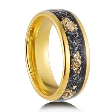 Imagem de SATAER Aliança de casamento com flocos de folha de ouro de meteorito, ouro amarelo 18 quilates, anel de tungstênio, incrustado, meteorito, ouro, homens, mulheres, alianças de casamento tamanho 6-16