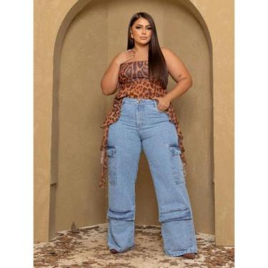 Imagem de Calça Wide Leg Cargo Plus size clara premium Pantalona jeans Feminina 
