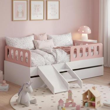 Imagem de Bicama Solteiro Mdf Rosa com Escada/Escorregador 03 Grades e Cabeceira