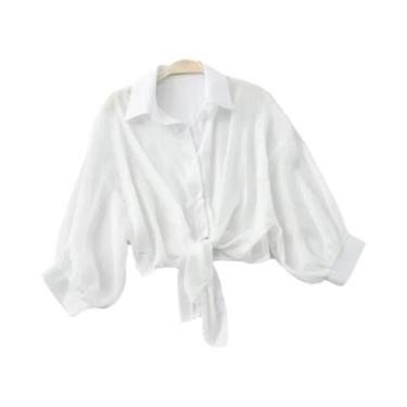 Imagem de Blusa Feminina Branca De Chiffon Solta Elegante Cor Sólida Com Amarraç