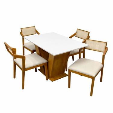 Imagem de Mesa de Jantar Classic 120x80cm com Vidro e 4 Cadeiras Berlim Hr em Linho Madeira Cel Móveis Cor Cinamomo Off White com Tecido Bege