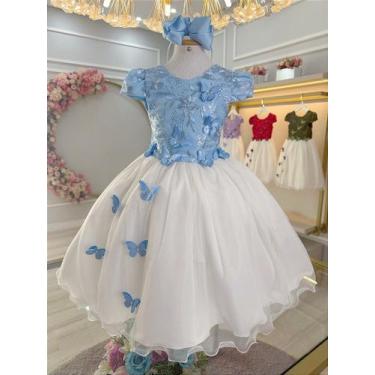 Imagem de Vestido Infantil Azul Bordado com Borboletas para Festas Luxo - no-bra