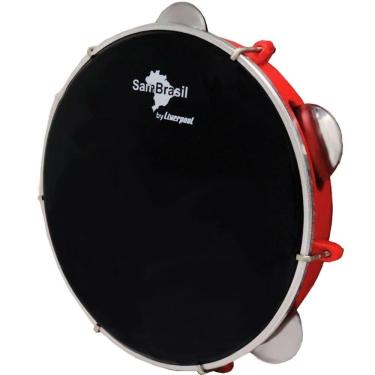 Imagem de Pandeiro 10 Premium Pele Preta Sambrasil Liverpool Vermelho