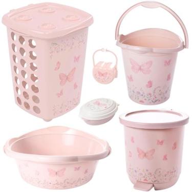 Imagem de Kit cesto de roupa de bebê decorada plasutil 6 peças + bacia + lixeira