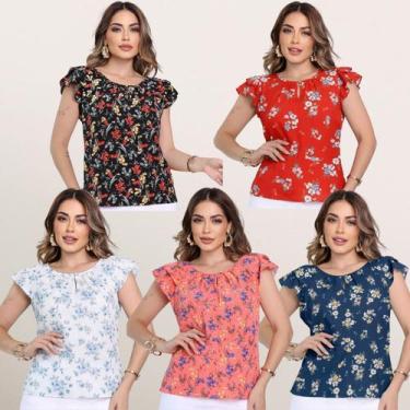 Imagem de Kit 5 Blusinhas Crepinho Social Feminina Estampas Lindas Tamanho:PCor: