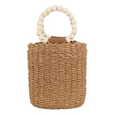 Imagem de Bolsa de Palha Artesanal Feminina com Alça de Contas Redonda – Fibra Natural Trançada, Leve e Estilosa para Dia a Dia, Praia e Passeios (Palha Natural)