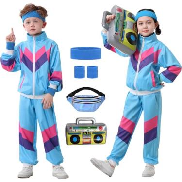 Imagem de Ezuwail Roupa infantil dos anos 80 anos 90 para meninos e meninas, 6 peças, unissex, retrô, corta-vento para crianças, treino, hip hop, dança, fato de treino, Azul, 10-12 Years