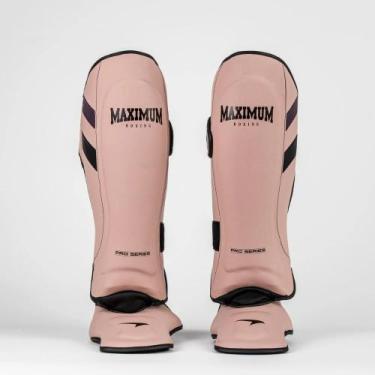 Imagem de Caneleira Profissional Pro Bege Roxo Muay Thai e Kickboxing Maximum Co