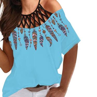 Imagem de Kasituny Camiseta feminina top de penas vazadas verão solto estampada streetwear, Azul claro, Large, Macia