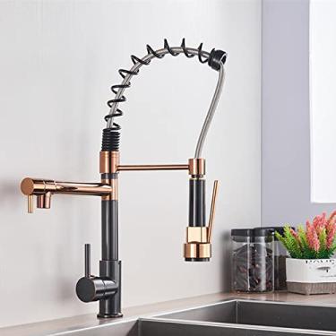 Imagem de Torneira de cozinha de primavera puxe pulverizador lateral bico duplo alça única torneira misturadora torneira 360 rotação torneiras de cozinha, rosa preta, China