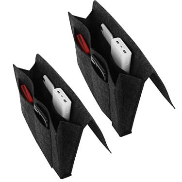 Imagem de 2 Pacote 5 Bolsos Feltro Cabeceira Caddy Cinza Saco de Armazenamento de Cabeceira Organizador de Armazenamento de Cama Bolso de Cabeceira Mais Grosso com Furos de Cabo para Revista de Telefone Remoto (Preto)