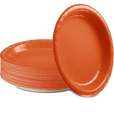 Imagem de Amcrate Pratos de jantar de papel laranja, pratos de papel descartáveis, fortes e resistentes para festas, jantares, feriados, piqueniques ou pratos de viagem, pacote com 50