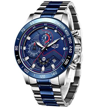 Imagem de LIGE Relógio masculino moderno à prova d'água de quartzo, relógio esportivo masculino totalmente em aço, Prateado, azul, moda