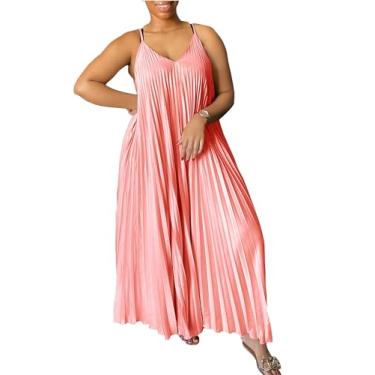 Imagem de Feminino verão Casual Long Dress Mangas Halter Plissado Praia Maxi Vestidos de Sol,Pink,L