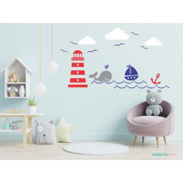 Imagem de adesivo de parede baleia barco âncora e farol mar - Senhorita Decor