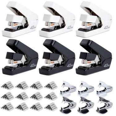 Imagem de Grampeador de mesa sem esforço, pacote com 6 grampeadores resistentes, capacidade de 40 a 50 folhas, um dedo, sem esforço, inclui grampos e removedor de grampo, preto e branco