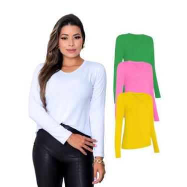 Imagem de Kit Com 3 Camisetas Manga Longa Feminina Colorida - Sunset, GG, Colori