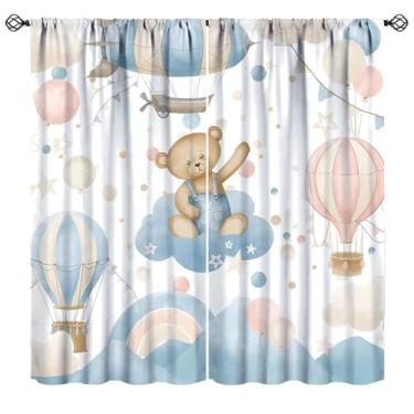 Imagem de Mchenxin Cortinas de desenho animado de urso azul para meninos, aquarela, pequenos animais fofos, balões de ar quente, cortinas de janela arco-íris para bebês, meninos, festa de aniversário, 107 x 114