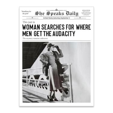 Imagem de Haitunone Pôster de jornais preto e branco mulheres pesquisam onde os homens obtêm a audácia arte de parede moderna feminista impressões em tela para decoração de parede de bar de casa 30,5 x 40,6 cm