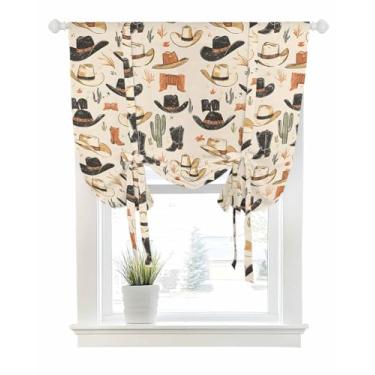 Imagem de Cortinas de amarrar para janelas vintage caubói ocidental bolso haste amarração persiana balão ajustável saia fazenda botas country chapéu deserto para quarto cozinha banheiro persianas, 86 x 114 cm