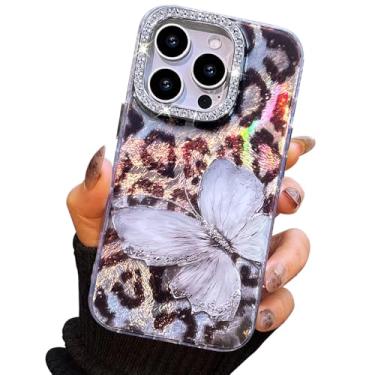 Imagem de I-MGAE-IN-AR Capa compacta para iPhone 15 Pro com design de borboleta, moldura de proteção de lente de câmera de diamante 3D, capa protetora de TPU macia e macia à prova de choque para mulheres