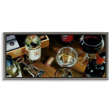 Imagem de Stupell Industries Arte de parede em tela flutuante emoldurada cinza com rolhas e garrafas de vinho por Stefano Ferreri, 25 x 11
