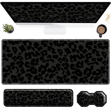 Imagem de Conjunto de 3 peças de mouse pad, leopardo preto grande para jogos com borda costurada, suporte ergonômico de espuma de memória para o pulso e almofada de descanso de pulso do mouse, combo de almofada