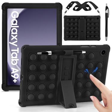 Imagem de DETUOSI Capa compatível com Samsung Galaxy Tab A9 Plus 27.9 cm 2023 (SM-X210/X216/X218), ângulos de visualização múltipla, capa de silicone macio antiestresse com alça de ombro e caneta Stylus, preta