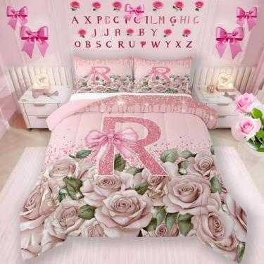 Imagem de Erosebridal Conjunto de edredom com letra A a Z, personalizado, letra R, conjunto de cama solteiro para meninas, monograma, laço rosa, romântico, edredom kawaii