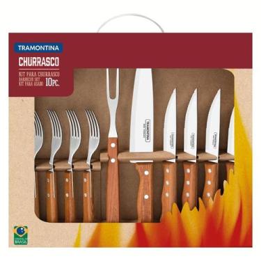 Imagem de Kit Churrasco 10 Peças Aço Inox c/ Cabo de Madeira Natural Tramontina