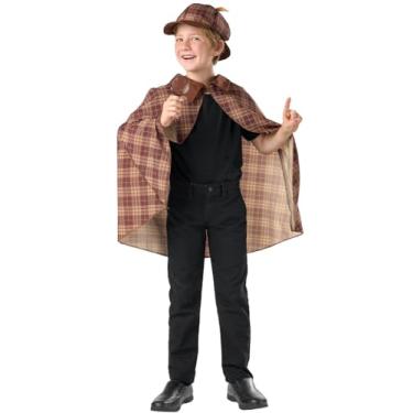 Imagem de JUST FOR PARTY Kit de fantasia de detetive infantil, capa xadrez waffle e chapéu com lupa, roupas divertidas de cosplay para meninos e meninas, festa de Halloween, tamanho único para 4-9 anos
