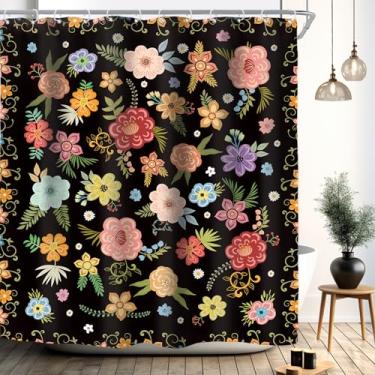 Imagem de Riyidecor Cortina de chuveiro floral escura preta para decoração de banheiro 152 cm L x 182 cm A flores boho folhas aquarela samambaia botânica plantas coloridas arte impressa tecido poliéster