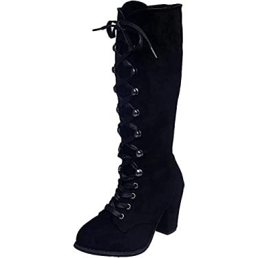 Imagem de Botas de renda casual retrô fashion vintage salto grosso meio da panturrilha, Preto, 40 BR