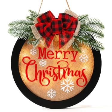 Imagem de HOMCDALY Placa de boas-vindas de Feliz Natal para porta da frente, guirlanda de Natal de inverno com luz, placa de madeira para pendurar na porta da fazenda, decoração de Natal (F-Xmas-Preto)