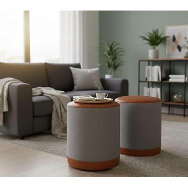 Imagem de Kit Puff Banqueta Redondo Linho Com Couro 42x34x34 Oreon Luxo Decorativo Retro Vintage Casa Jd Móveis (CINZA COURO MARROM)