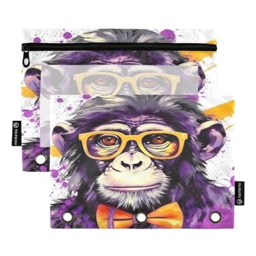 Imagem de Wassud Bolsa de lápis para fichário de 3 anéis, bolsa de lápis transparente com zíper suave, macaco, óculos de sol, estojo para fichário, pacote com 2