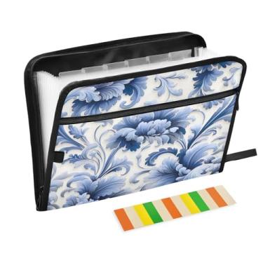 Imagem de Wassud Acordeão floral azul organizador de arquivos com letras A4 pastas de arquivo de papel organizador de documentos fólio com etiquetas pasta de arquivo expansível 13 bolsos