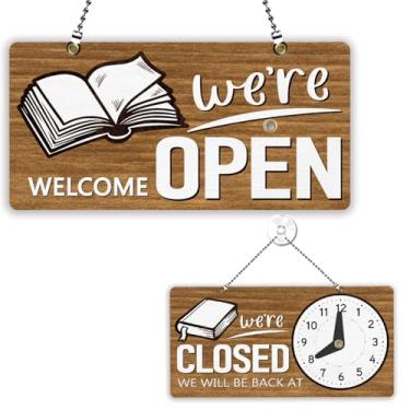 Imagem de PLIGREAT Letreiros abertos de livros fofos placa dupla face aberta fechada placa de horas de boas-vindas para loja de varejo biblioteca loja janela decoração de parede placa de porta suspensa com