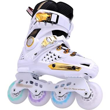 Imagem de Patins em linha patins de couro macio de cano alto, lâminas de rolo de quatro rodas, patins em linha ao ar livre, patins de corrida brilhantes para mulheres, para menino menina (cor: branco + ouro