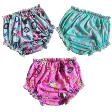 Imagem de Kit de 3 Calcinhas Infantis tapa fraldas, Estampas Coloridas, Elástico na Cintura, Rosa, Verde e Azul