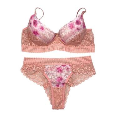 Imagem de Conjunto de Calcinha e Sutiã Rendado Com Bojo Floral  Lingerie Charmos
