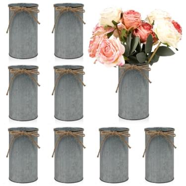 Imagem de Vaso de fazenda grande com laço de barbante, decoração de vaso de flores vintage de 15 x 9 cm, vasos de flores de metal galvanizado, vaso rústico para mesa de centro de mesa, casamentos, decoração de