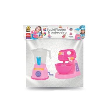 Imagem de Kit Liquidificador e Batedeira Infantil Rosa, Brinquedo Culinário, 19 cm Altura
