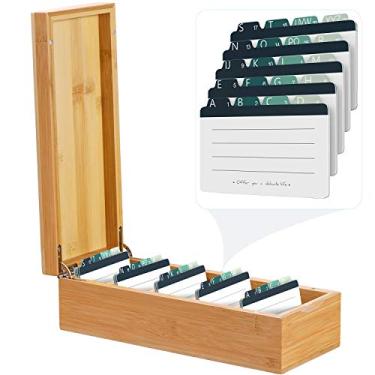 Imagem de Porta-cartão de visita MaxGear 5,08 cm x 8,89 cm, organizador de cartões, cartões de mesa, porta-cartões de anotações para organizadores de madeira Rolodex, bambu, 5 divisórias para 600 cartões, abas A-Z