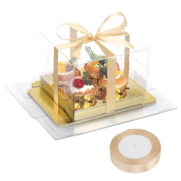 Imagem de EUSOAR Caixas de cupcake, pacote com 6 embalagens retangulares douradas para sobremesas, recipientes de pastelaria, 4 unidades, porta-presentes de muffins transparentes descartáveis, mini porta-bolos