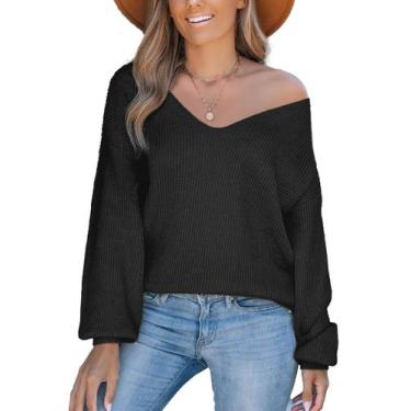 Imagem de Suéter feminino CUPSHE, manga comprida, decote em V, laço grande, pret