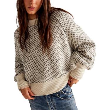 Imagem de Suéter feminino SANGRD, pulôver de malha grossa, bege, tamanho L - SAN