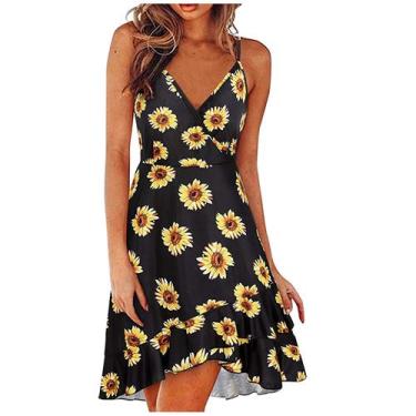 Imagem de Vestido feminino casual estampado com decote em V sem mangas - HUOGUO