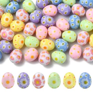Imagem de UR URLIFEHALL 50 contas de acrílico aleatórias de ovo de páscoa opacas com estampa de margaridas ovais soltas espaçadoras para colar faça você mesmo, pulseira, fabricação de joias