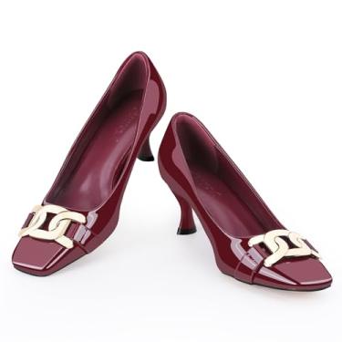 Imagem de Zelaprox Sapato feminino com bico quadrado fechado, salto baixo gatinho, moderno, de metal, sem fecho, para festa de casamento, confortável, sapato social, Vinho, 35